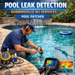 Technician using advanced equipment to detect and repair a pool leak in Robbinsville, NJ.