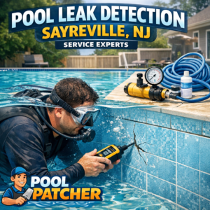 Technician using specialized equipment to detect and repair a pool leak in Sayreville, NJ.