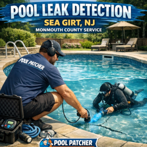 Technician using electronic equipment beside an in-ground pool to detect leaks in Sea Girt, NJ.