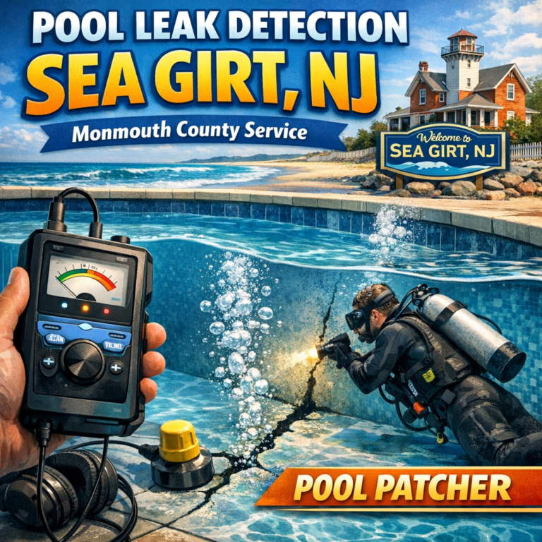 Technician using tools to detect and repair a pool leak by the edge of a residential pool in Sea Girt, NJ.