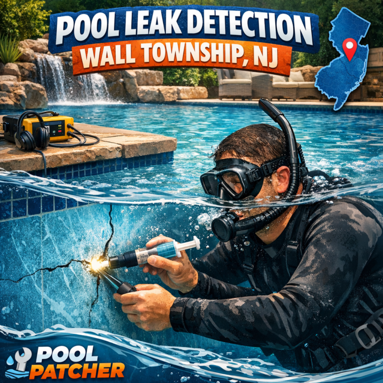 Technician inspecting a swimming pool wall for leaks using specialized equipment in Wall Township, NJ.