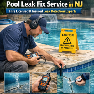 Licensed and insured professionals inspecting a pool for leak detection and repair in New Jersey.
