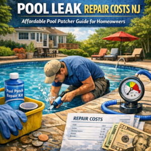 Infographic showing affordable pool leak repair costs and tips for New Jersey homeowners.