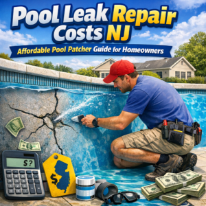 Infographic showing affordable pool leak repair costs and tips for New Jersey homeowners.