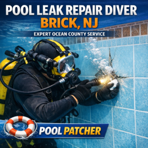 Diver repairing an underwater pool leak in a brick-lined pool, demonstrating expert leak repair service.