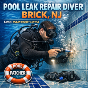 Professional diver repairing a pool leak underwater in Brick, NJ, showing expert pool maintenance service.