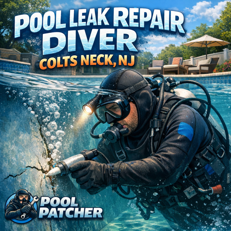 Professional diver inspecting and repairing an underwater pool leak in Colts Neck, NJ.