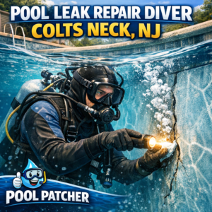 Diver repairing a swimming pool crack underwater during a leak repair in Colts Neck, NJ.