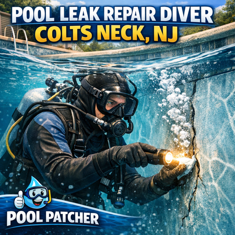 Diver repairing a swimming pool crack underwater during a leak repair in Colts Neck, NJ.