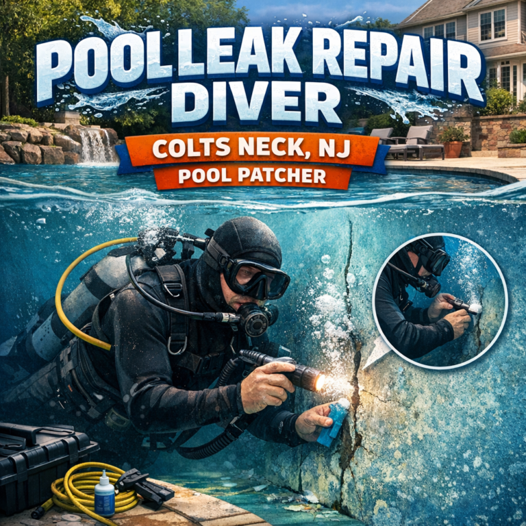 Diver repairing a cracked swimming pool underwater during a professional pool leak repair in Colts Neck, NJ.