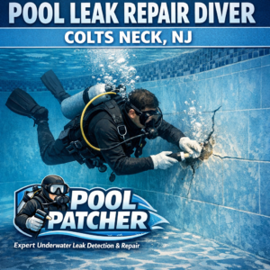 Underwater view of a diver repairing a pool leak in Colts Neck, NJ using specialized tools.