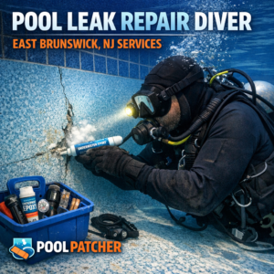 Professional diver repairing a pool crack underwater in East Brunswick, NJ, ensuring leak-free pool patch services.