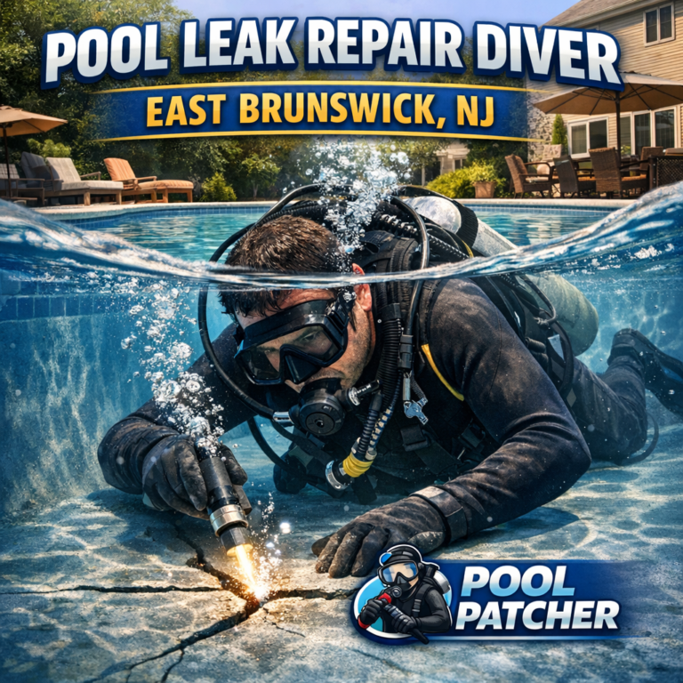 Professional diver repairing a pool leak underwater in East Brunswick, NJ with specialized tools.