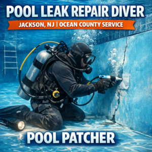 Professional diver repairing an underwater pool leak with tools in Jackson, NJ, Ocean County.