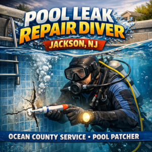 Professional diver performing underwater pool leak repair in Jackson, NJ, with ocean county service equipment.