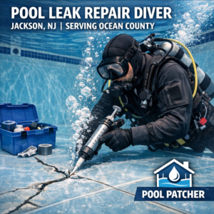 Diver repairing underwater cracks in a pool, performing professional leak repair in Jackson, NJ.