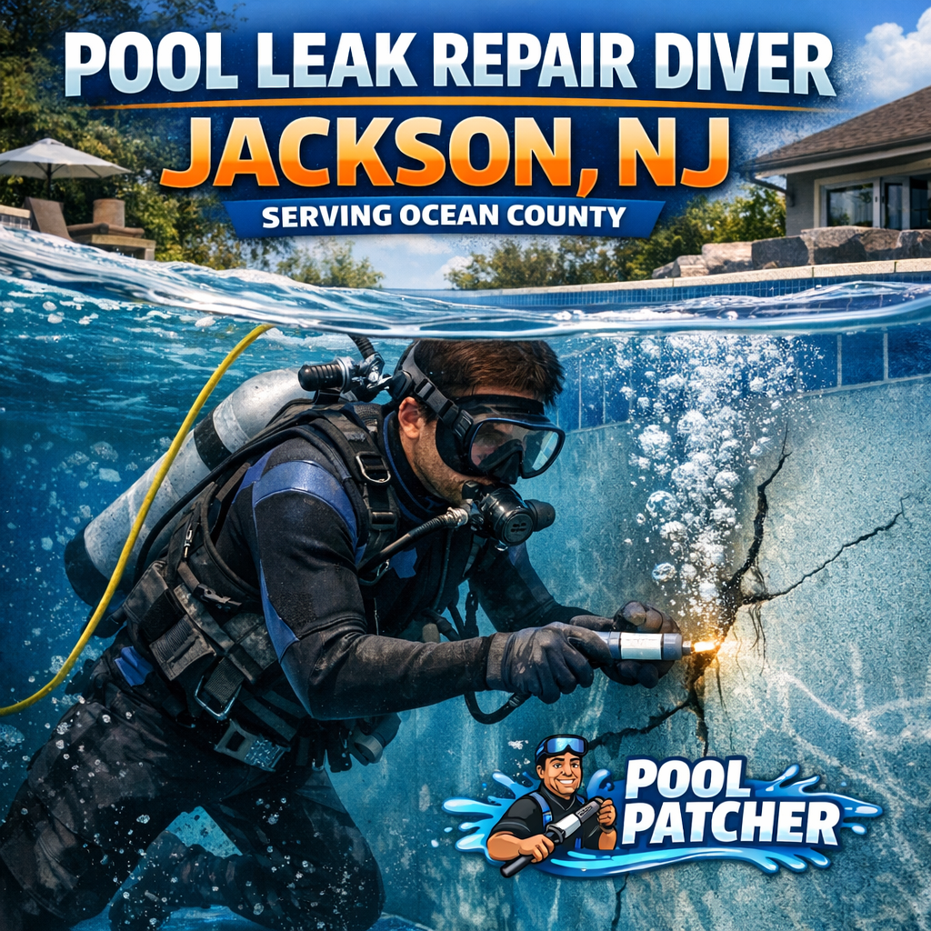 Diver inspecting and repairing a pool leak underwater in Jackson, NJ, serving Ocean County.