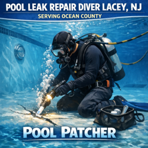 Underwater diver inspecting and repairing a pool leak in Lacey, NJ, serving Ocean County.