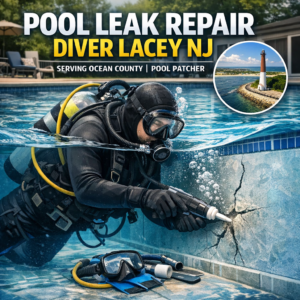 Diver inspecting and repairing a swimming pool leak underwater in Ocean County, NJ.