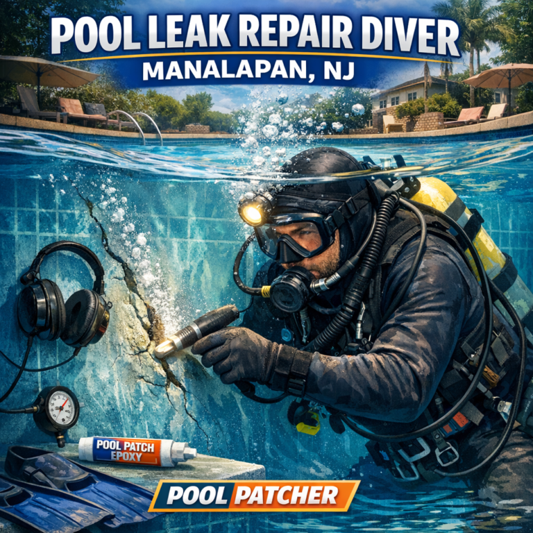 Professional diver repairing an underwater pool leak in Manalapan, NJ, using specialized pool patching equipment.