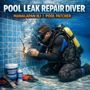 Professional diver repairing a swimming pool leak underwater using epoxy and patching tools in Manalapan, NJ.