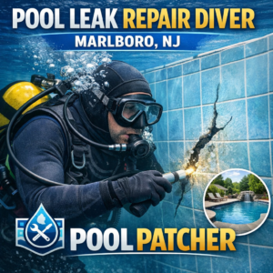 Professional diver repairing a crack in a swimming pool during leak repair in Marlboro, NJ.
