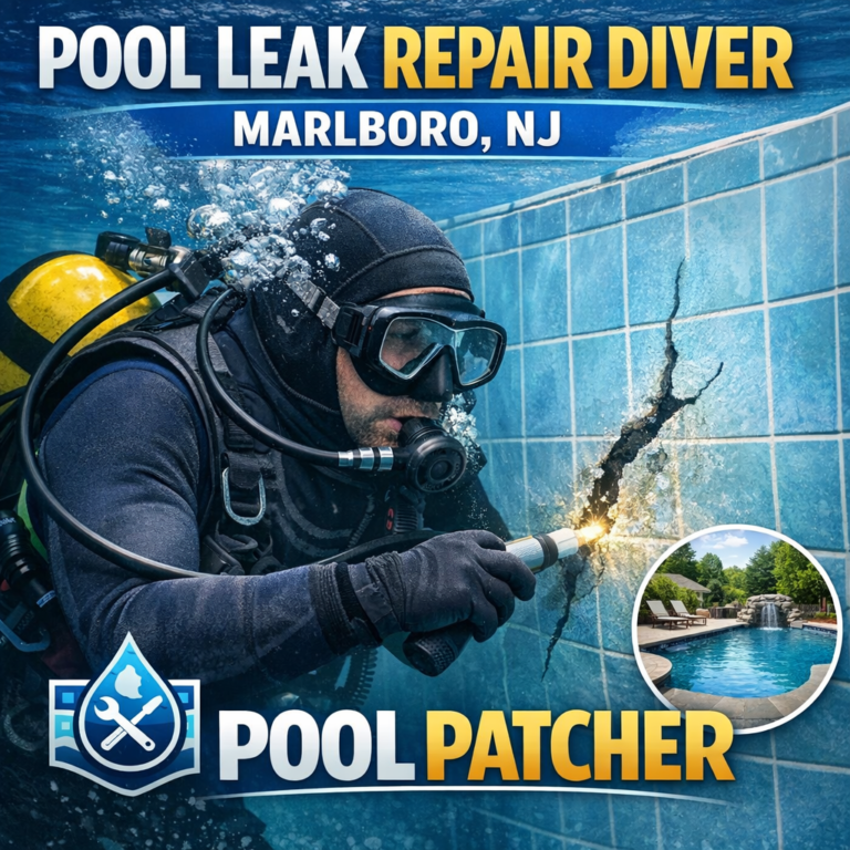 Professional diver repairing a crack in a swimming pool during leak repair in Marlboro, NJ.