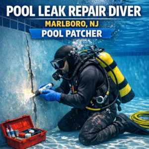 Diver underwater repairing a pool crack in Marlboro, NJ, using specialized leak repair equipment.
