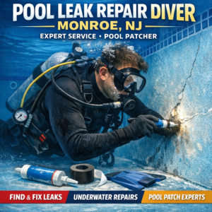 Professional diver repairing a pool leak underwater using patching equipment in Monroe, NJ.