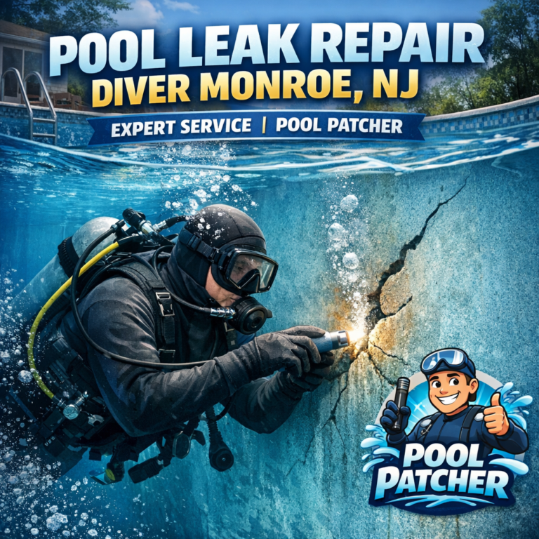 Diver repairing a pool leak underwater with professional tools in Monroe, NJ.