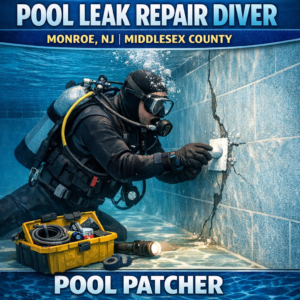 Professional diver repairing a swimming pool leak underwater in Monroe, NJ, Middlesex County.