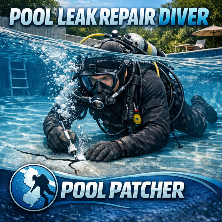 Professional diver repairing and patching an underwater pool leak in Monroe, NJ.