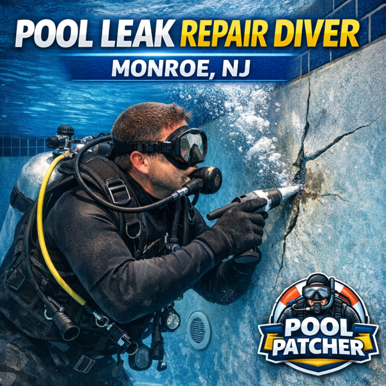 Professional diver repairing an underwater pool leak in Monroe, NJ, using specialized tools and equipment.