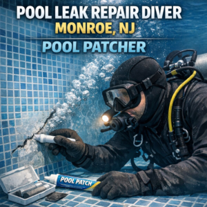 Diver in full gear repairing an underwater pool leak with a patch in a residential pool in Monroe, NJ.