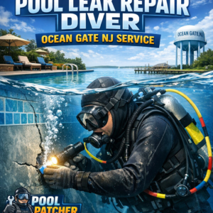 Professional diver repairing a pool leak underwater in Ocean Gate, NJ.