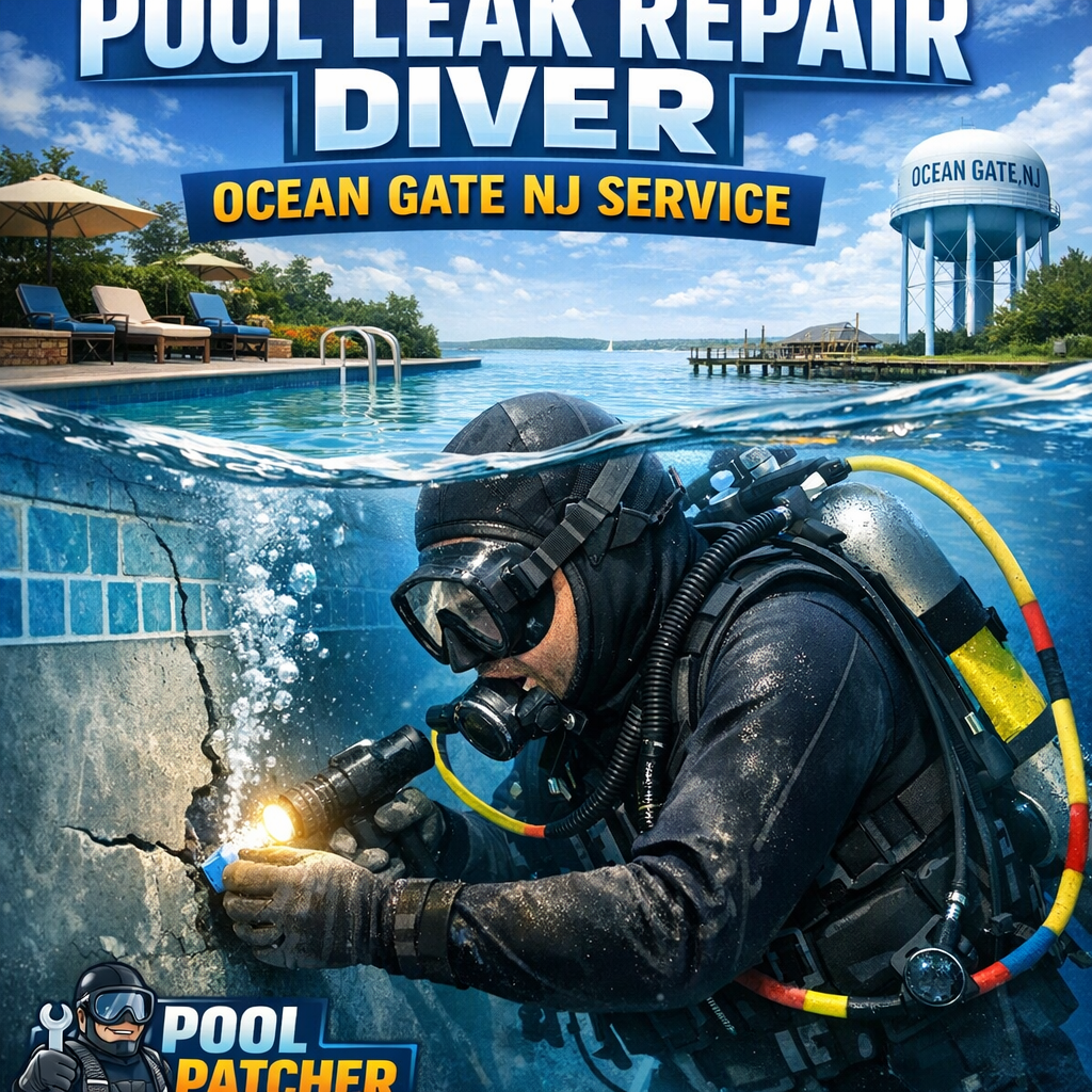 Professional diver repairing a pool leak underwater in Ocean Gate, NJ.