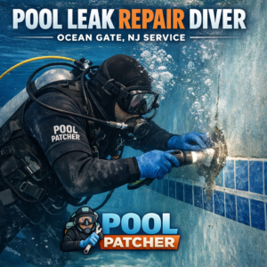 Diver repairing a pool leak underwater with specialized tools, providing professional service in Ocean Gate, NJ.