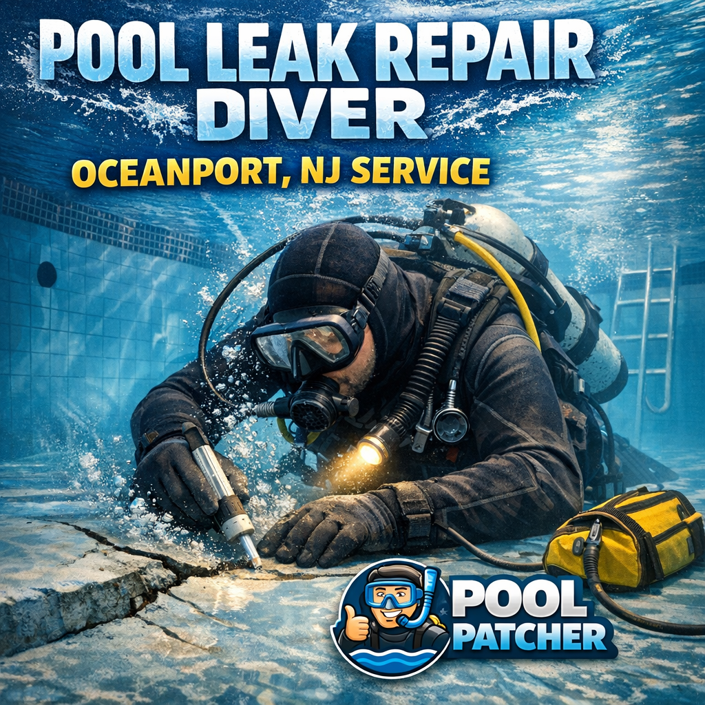 Diver inspecting and repairing a pool leak underwater with professional equipment in Oceanport, NJ.