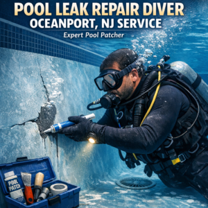 Diver repairing a pool leak underwater, applying a patch to the pool surface in Oceanport, NJ.