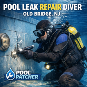 Professional diver underwater repairing a pool leak near a bridge in Old Bridge, NJ.