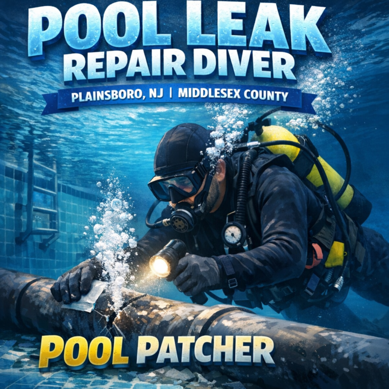 Professional diver performing underwater pool leak repair in a residential pool in Plainsboro, NJ.