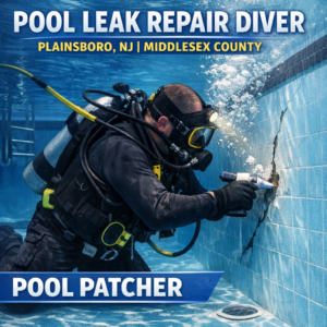 Professional diver repairing an underwater pool leak in Plainsboro, NJ, using patching equipment.