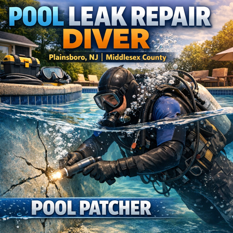 Professional diver repairing an underwater pool leak with a patch in Plainsboro, NJ.