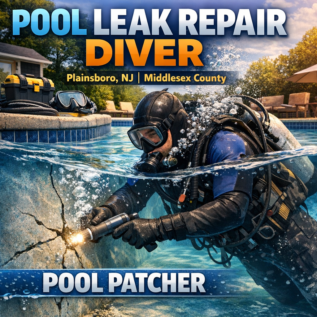 Professional diver repairing an underwater pool leak with a patch in Plainsboro, NJ.