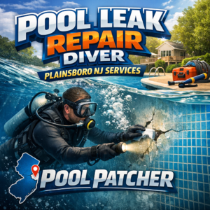 Diver repairing a pool leak underwater using professional patching tools in Plainsboro, NJ.