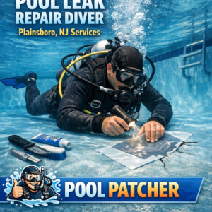 Professional diver repairing underwater pool leak in Plainsboro, NJ pool leak repair service.