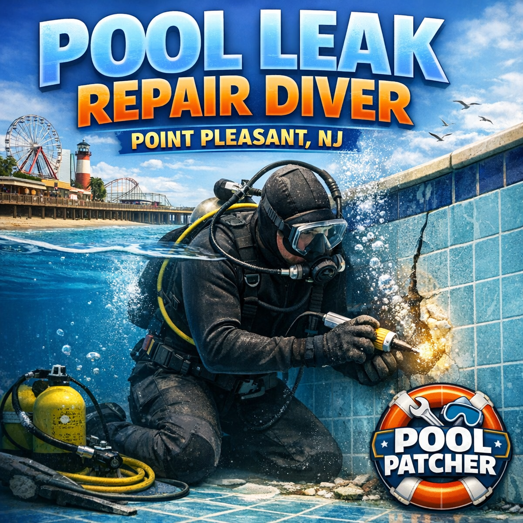 Diver in wetsuit repairing pool leak underwater in Point Pleasant, NJ, using specialized repair tools.
