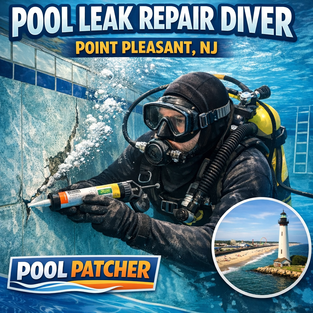 Professional diver repairing a pool leak underwater in Point Pleasant, NJ.