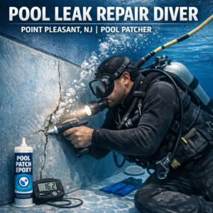 Underwater diver repairing pool cracks with epoxy in clear blue water at Point Pleasant, NJ.