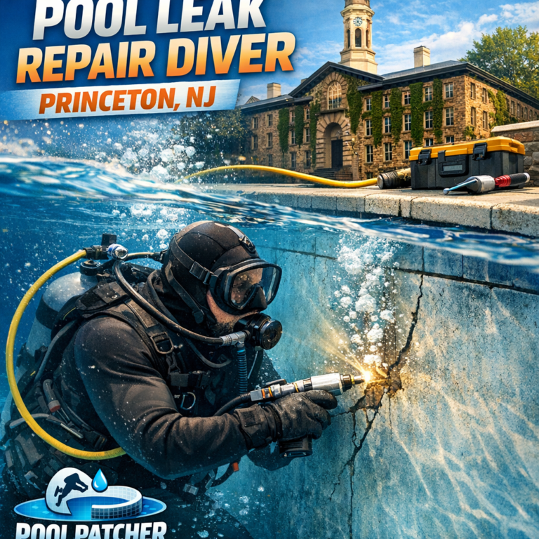 Underwater image of a diver repairing pool cracks during a leak repair in Princeton, NJ.